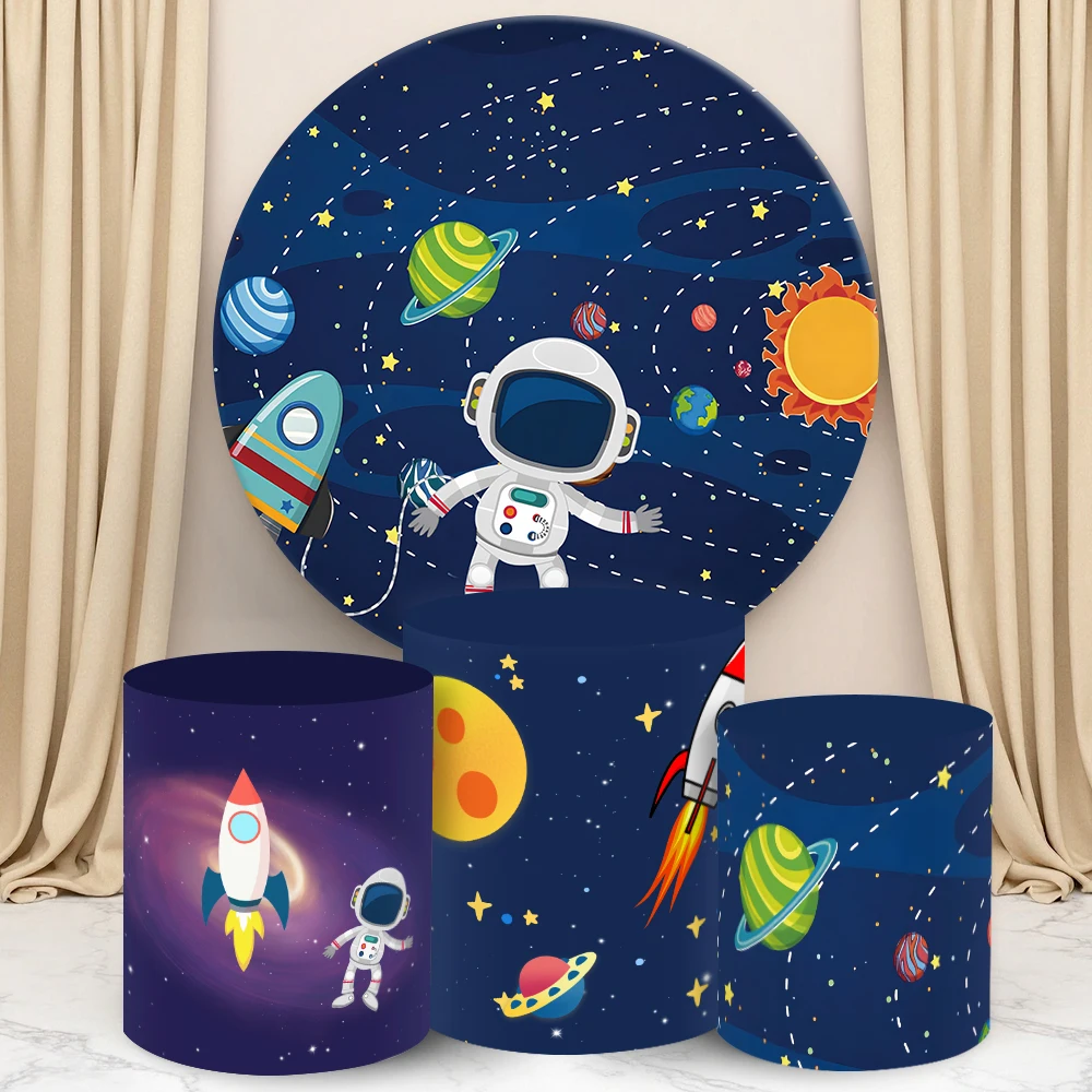 

Astronaut Space Theme Round Cylinder Backdrop Cover Sun Planets Design Kids Birthday Decoration Baby Shower Cylinder Cake Cover