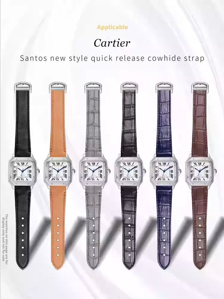 Premium bamboo patterned genuine cowhide leather watch strap for Cartier Santos with new style folding clasp quick release band