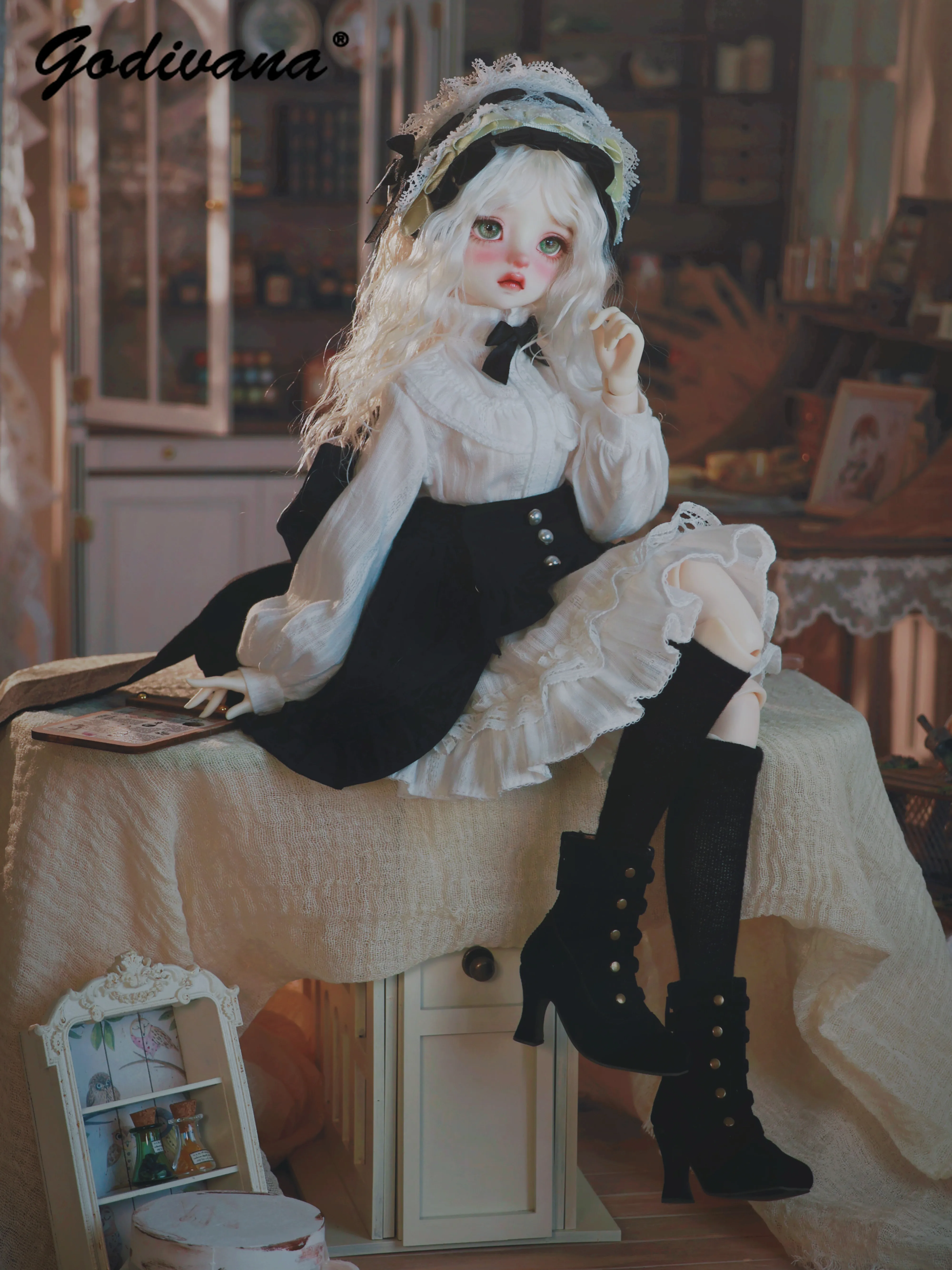 1/4 BJD Doll Lolita Clothes Vintage Preppy White Blouse and Multi-layer Skirt Suit with Bow Decor Headband Socks for 1/4 Doll