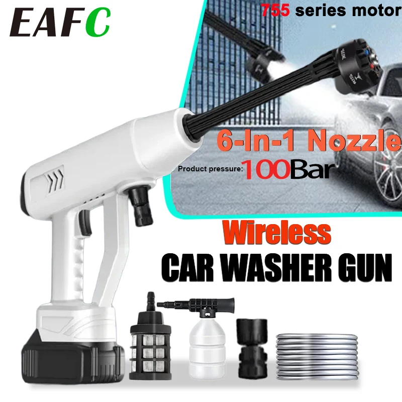 EAFC 100Bar Cordless High pressure Car Washer Water Spray Gun Portable 30000mAh Pressure Machine Washer With 6 IN1 Nozzles