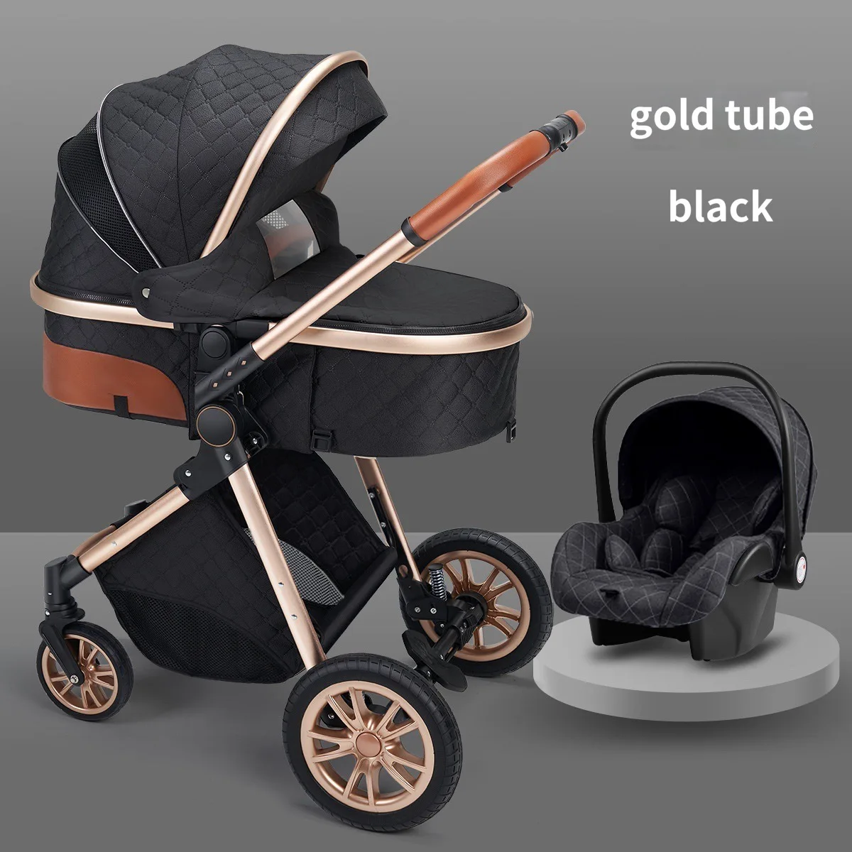 

Foldable Baby Stroller 3 in 1 with Cradle High Landscape Baby Trolley Basket Can Sit Can Lie Infant Carrier Portable Pushchair