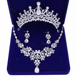 3Pcs Crystal Rhinestone Bridal Jewelry Set - Crystal Crown Necklace Earring Tiara Wedding Hair Accessories for Brides Gift Set