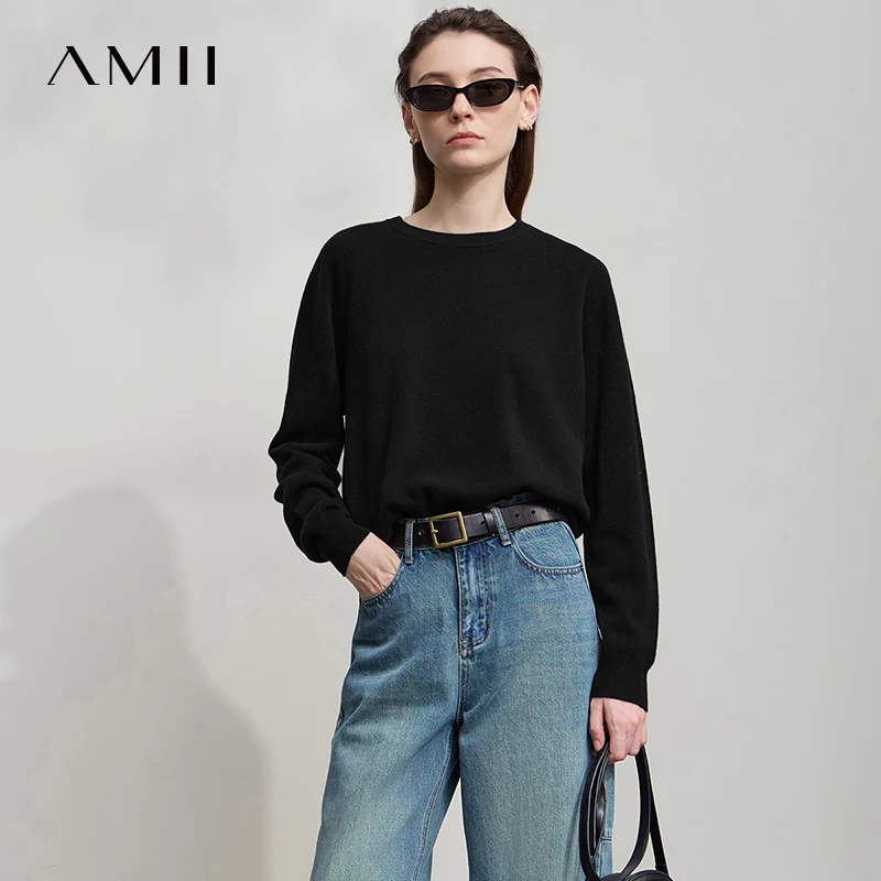 

AMII женский свитер 2025, новый зимний теплый универсальный классический пуловер для женщин, шерстяной свободный трикотаж с круглым вырезом и длинными рукавами 12544003