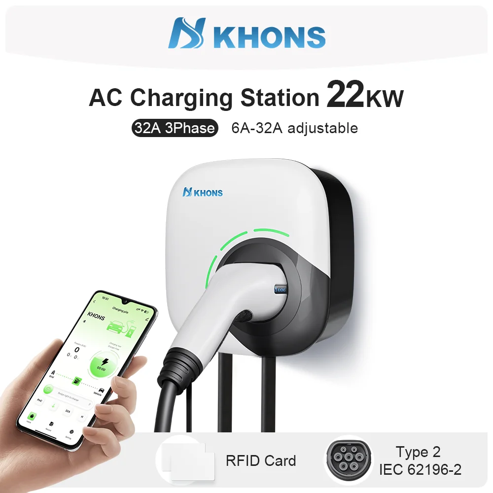 

Khons Type2 22KW Electric Vehicle Charger Cable 32A 3Phase Wallbox APP Function Charging Station For Electric Vehicles IP65