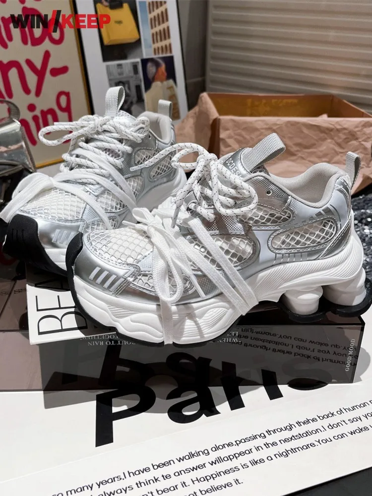 

Breathable New Women Silvery Lace Up Round Toe Thick Platform Patchwork Running Shoes Mesh Spliced Sport Shoes Jogging Sneakers