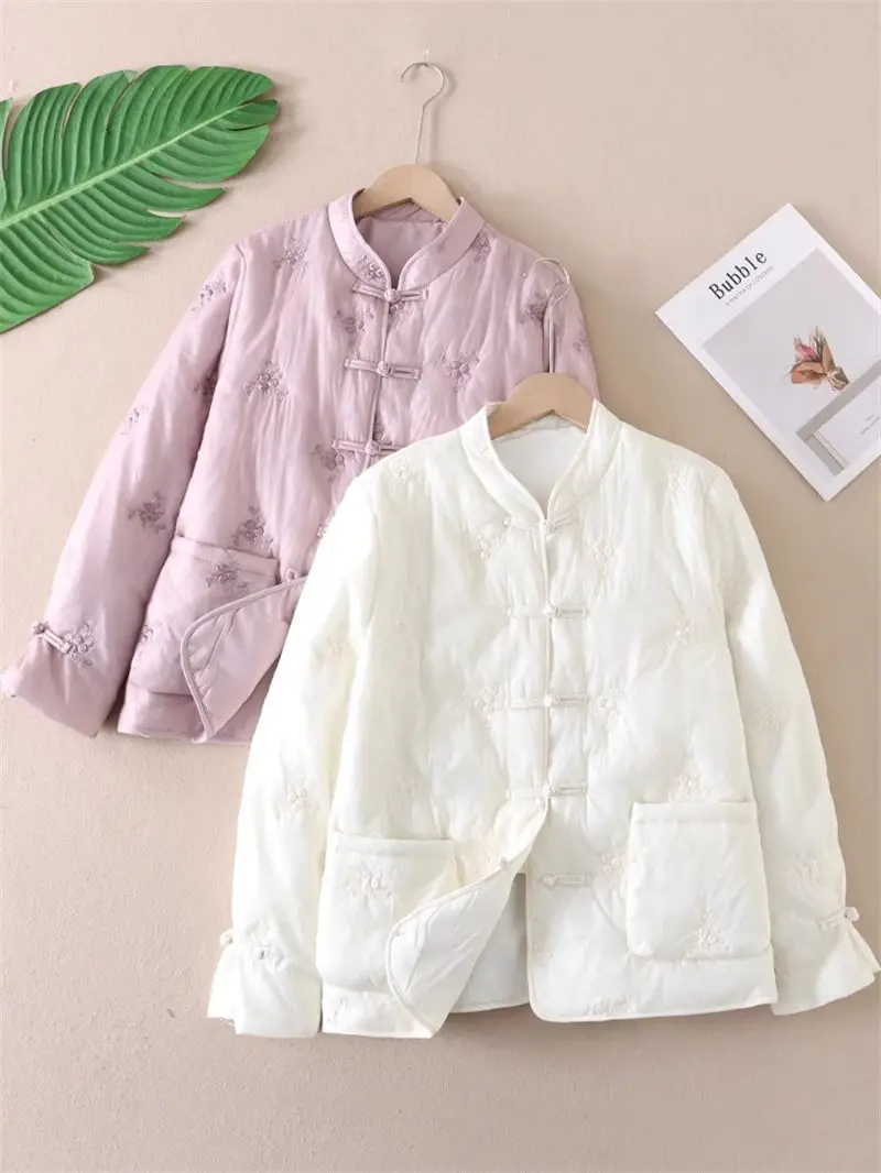 Pink Purple Lace Quilted Jacket Embroidery Flower New Chinese Style Thin Cotton Clothes Women's Retro Stand Collar Coat A707