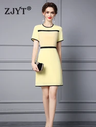 ZJYT Elegant Simple Color Block Office Dresses Yellow Summer Women Designer Short Sleeve Party Vestidos Knee Length Robe Femmes