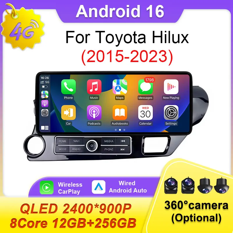 

For Toyota Hilux 2015-2023 Android 16 Car Multimedia 12.3 inch CarPlay Head Unit HD Screen 4G Auto Video Player Stereo GPS Navi