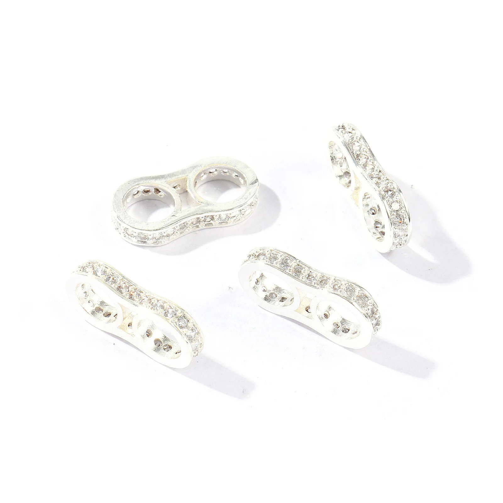 2 Stück Messing-Mikro-Pavé-Abstandshalterperlen für DIY-Armband-Schmuckherstellung, 2 Löcher, Unendlichkeitssymbol, klare Strass-Steine, 17 mm x 3 mm – Detail 5