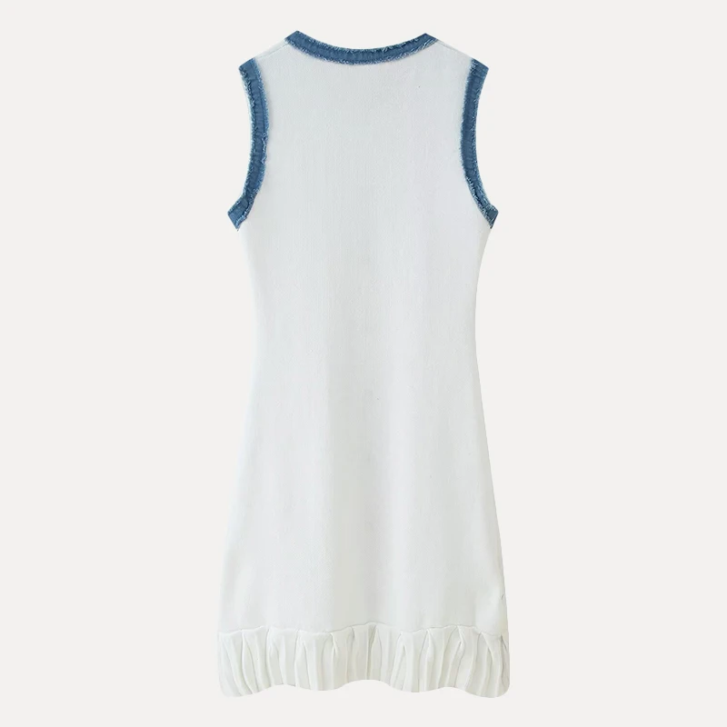 Primavera 2025 Mujer Faion redondo Ne empalmado Color borla Denim plisado tejido Dr Street Sle Svel poliéster