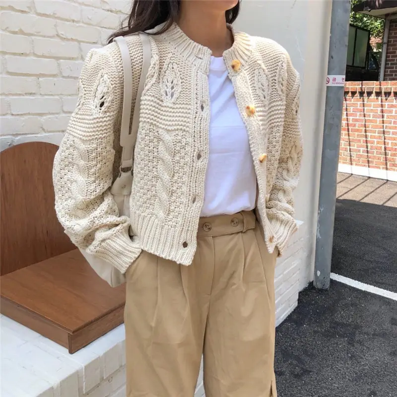 2024 Vintage Solid Thicken Kintted Cardigans Women Casual Twisted Autumn New Sweet Slim Long Sleeved Short Sweaters Purple Beige