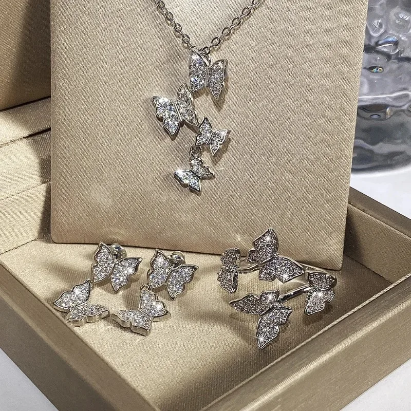

New Set Four Stylish Butterflies Set with Diamonds Necklace Trendy Copper Set with Zircon Ring Earrings