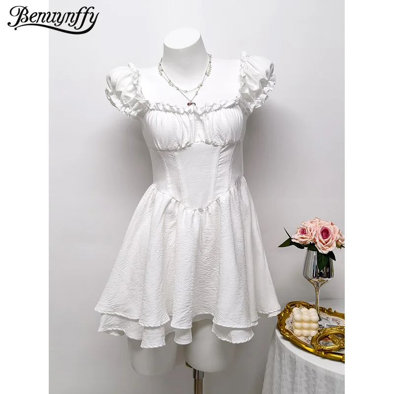Benuynffy quadrado pescoço babado guarnição doce vestido de verão feminino 2026 nova cor sólida cintura alta em camadas bainha a linha vestidos curtos