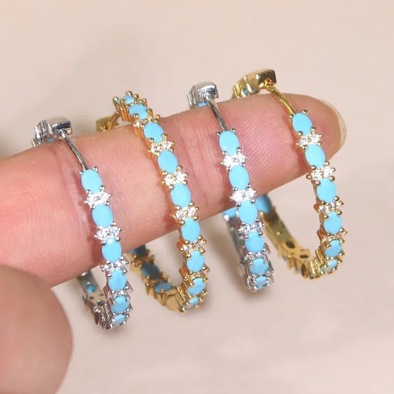35mm Blue Turquoise Stone Round Big Circle Hoop Earrings for Women Gold Color Unisex Female Male Punk Wedding Hoops Jewelry