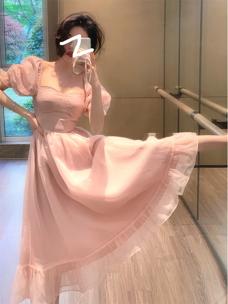 Pink Sweet Midi Dress Woman Casual French Elegant Party Dress Beach 2023 Summer Office Lady One Piece Dress Korean Fashion Chic