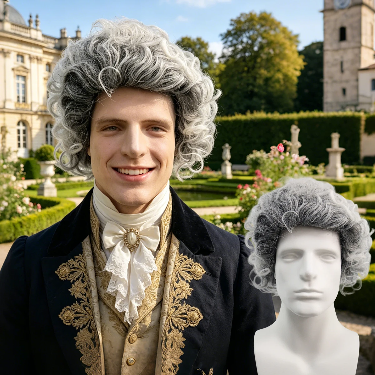 Gray White Colonial Judge Wig, Curly Synthetic Hair with Ponytail for Halloween and Historical Cosplay