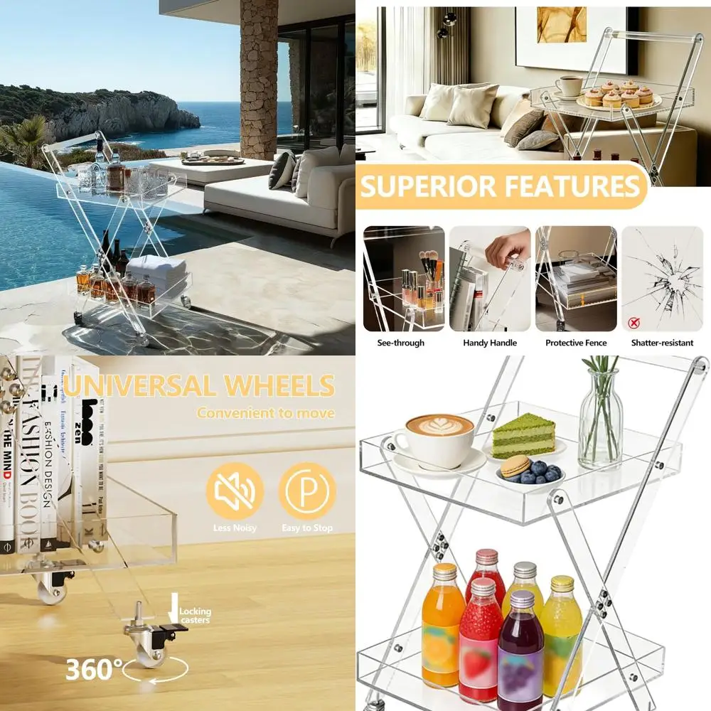 

2-Tier Acrylic Rolling Cart Organizer with Wheels for Kitchen, Bathroom, and Office