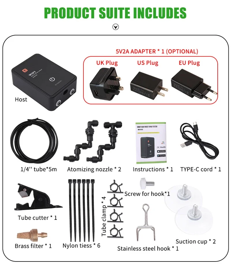 Nebulizador inteligente con Wifi para reptiles, Kit de sistema de pulverización con temporizador, Humidificador automático, controlador de aspersores, Tuya