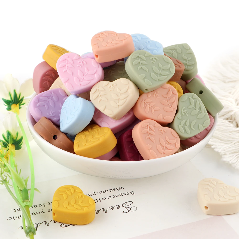 10Pcs Heart Shaped Silicone Beads With Leaf Pattern Solid Silicone Focal Bead DIY Jewelry Accessories