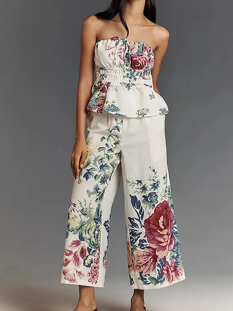 

Strapless Patchwork Chic Fashion Matching Sets, Women Summer Printing Holiday Sleeveless Outfit, High Waist Elegant Ladies Suits