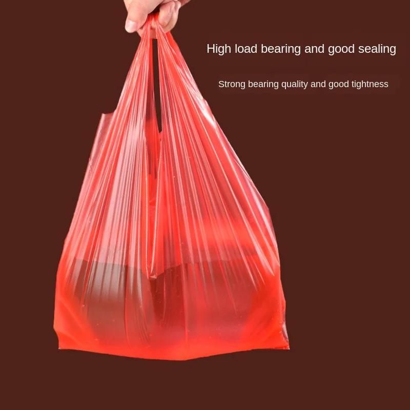 50pcs 9 Sizes Red Carry Out Bags Gift Bag Retail Supermarket Grocery Shopping Plastic Bags with Handle Food  for Business Bag