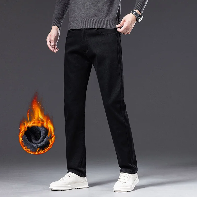 الرجال الحراري الصوف الجينز الشتاء بسط سليم مستقيم الساق الدافئة سراويل جينز اليومية عادية الأعمال تنوعا ملابس خارجية السراويل #4