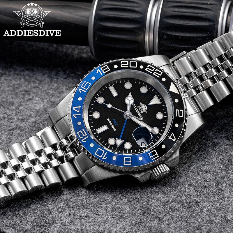 ADDIESDIVE Top Brand AD2050 Men's GMT Quartz Watch Stainless Steel 200M Diver Watches Relogio Masculino 40MM Luminous Wristwatch