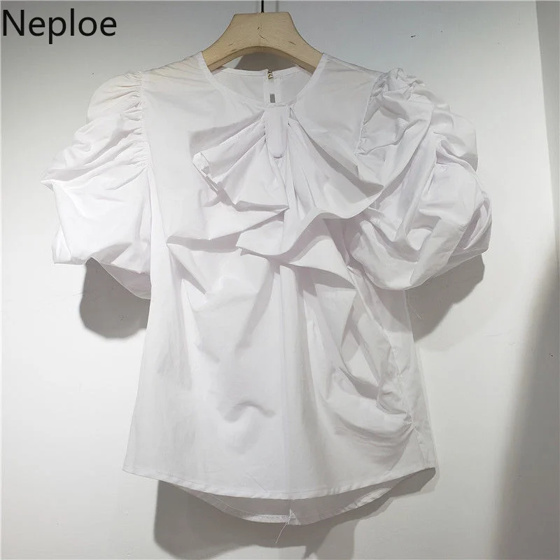 Neploe French Bowknot Round Neck Puff Sleeve Shirts Femme 2024 Summer Chic  Blusas Solid Color Wrinkle Sweet Gentle Blouses