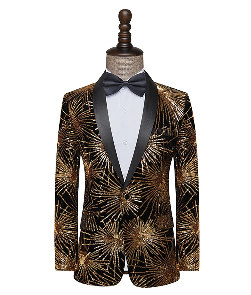 

Fashion sequin slim-fit performance outfit. High Quality Men's singer stage performance host suit jacket. Celebrity Gowns