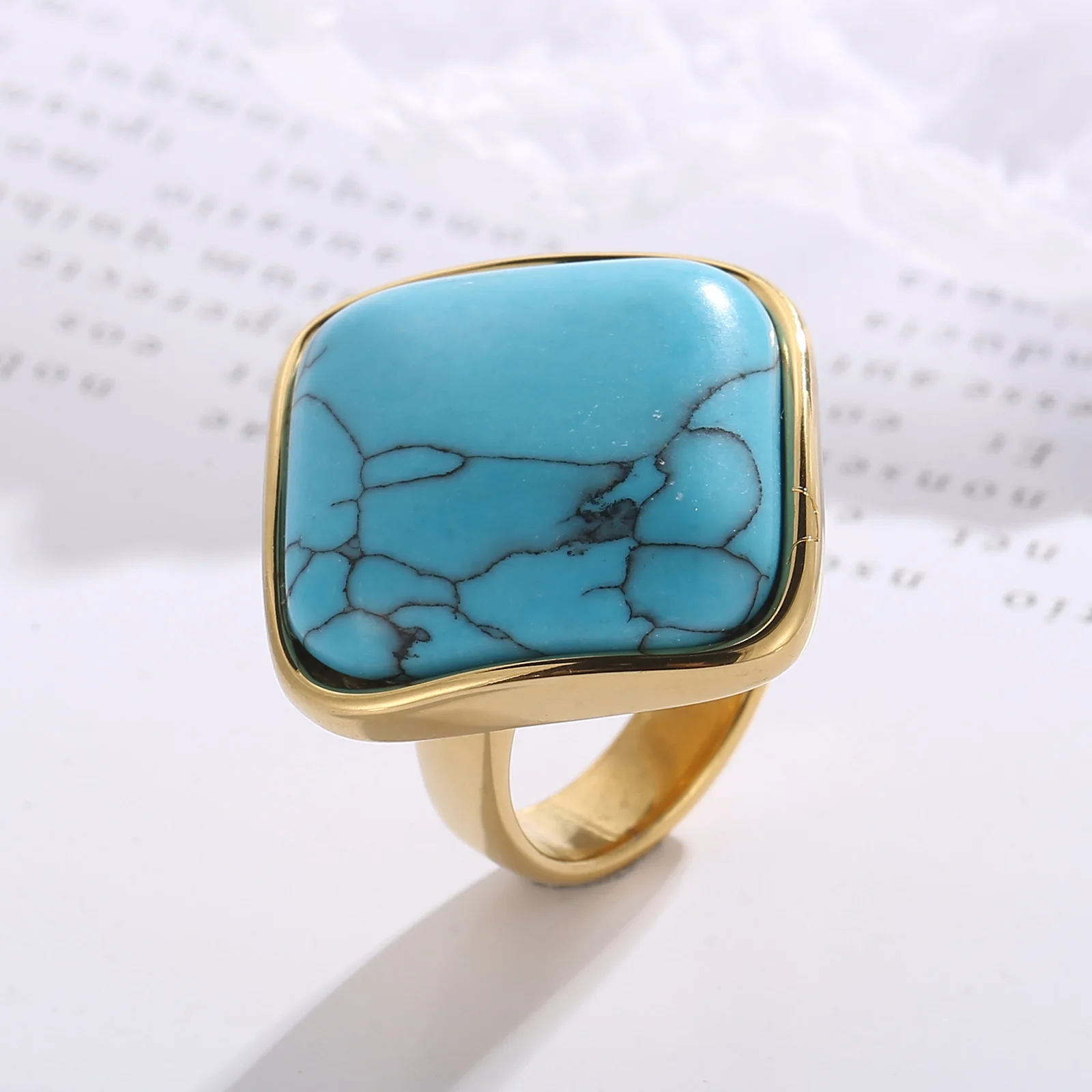 KALEN Big Stainless Steel Pearl Shell Rings For Women Girls Geometry Square Turquoise Rings Party Jewelry