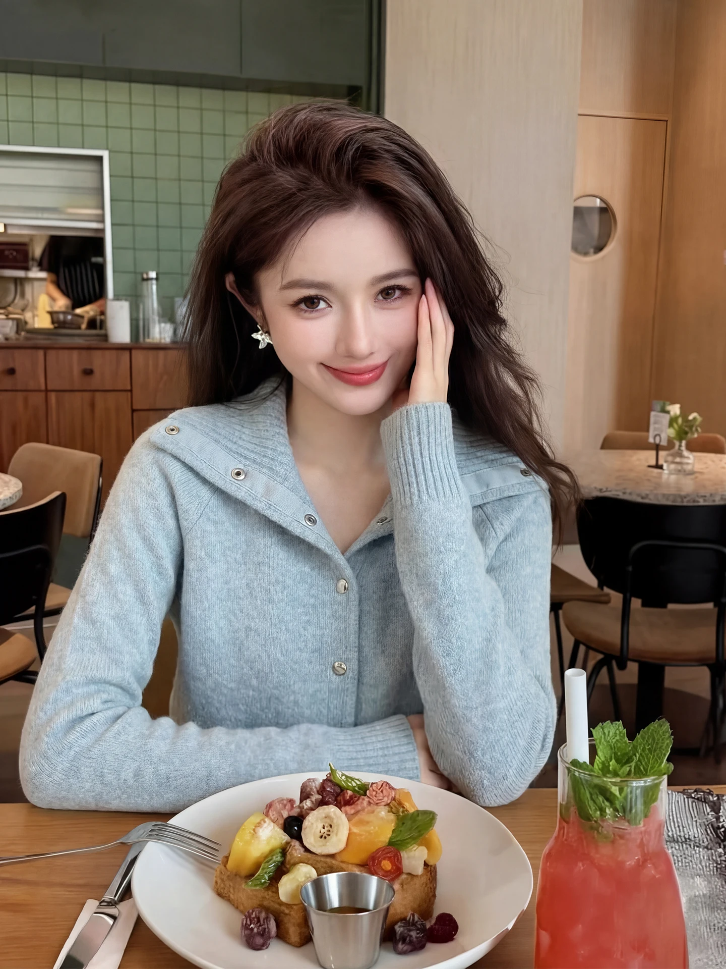 

Синий вязаный свитер с воротником, пальто, женское высокое, мягкое, уютное, осенне-зимнее, модное, свободная посадка, повседневная одежда во французском стиле