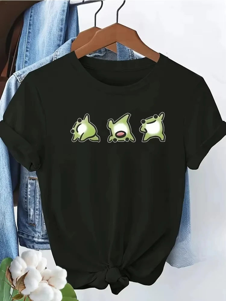 Unisex T‑shirt Cute Funny Green Cartoon Creature Graphic Tee Crew Neck Short Sleeve Kawaii Meme Illustration Casual Top
