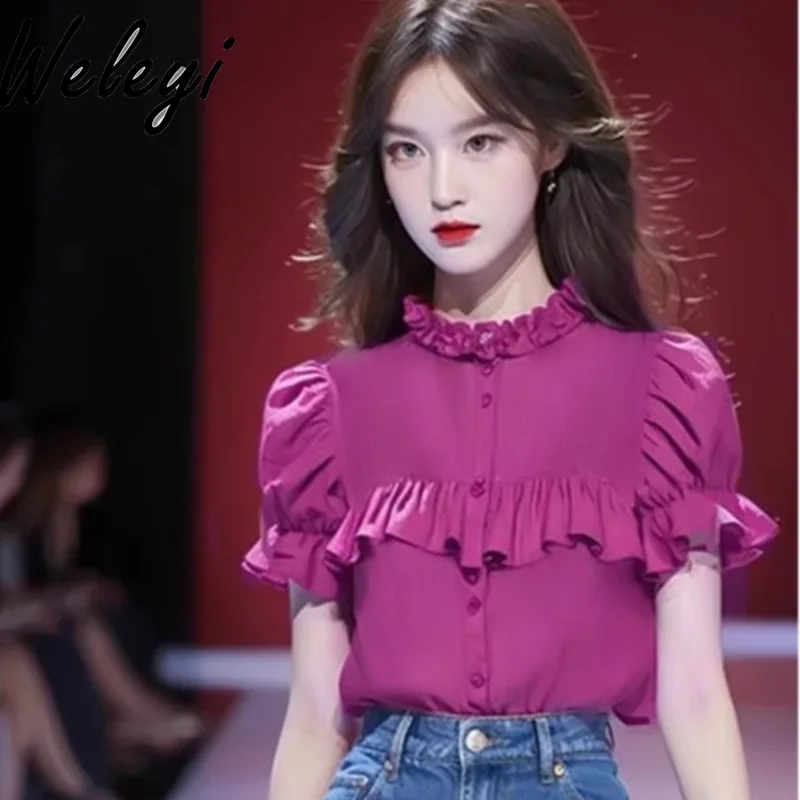 

Summer Elegant Rose Red Ruffled Shirt for Women 2024 New Korean Style Ladies Lace Collar Short Puff Sleeve Blouse Slimming Top