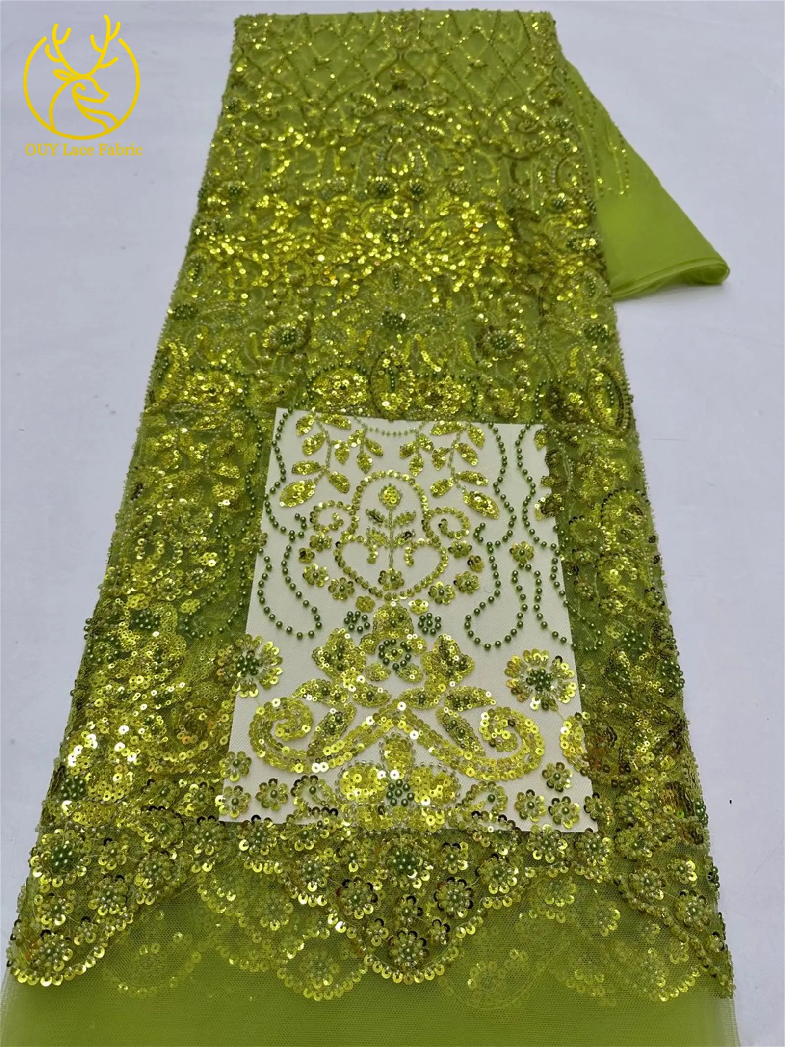 5 Yards meistverkaufter afrikanischer Pailletten-Spitzenstoff, hochwertige Mode, nigerianischer Perlen-Tüll-Spitzenstoff, Nähen von Partykleidern – Detail 12