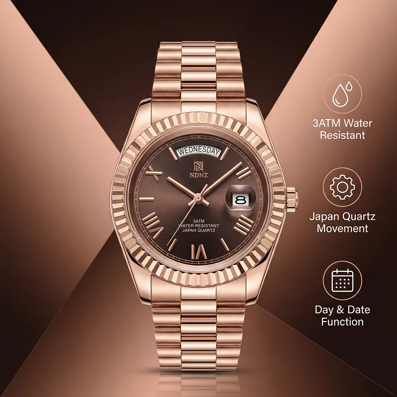 

Мужские роскошные золотые часы NDNZ с указателем даты и дня недели, водонепроницаемость 3ATM, японский кварцевый механизм, ремешок из нержавеющей стали