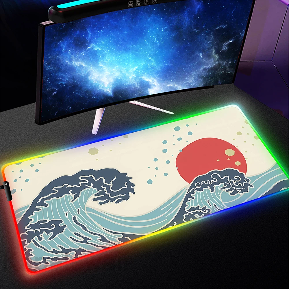 Gaming RGB Mouse Pad LED Light Mousepad Japanese Great Wave Off Keyboard Pads Backlit Game Table Carpet Mous Mat Gamer Mousepads