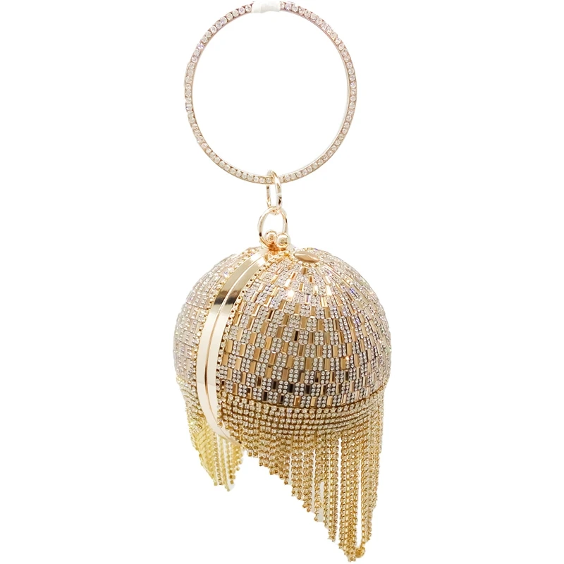 Rhinestone Tassel Clutch Bag para senhoras, Metal, Cristal, Dinner Bag, Pacote de Casamento, Pulseira Noiva, Mão Pego