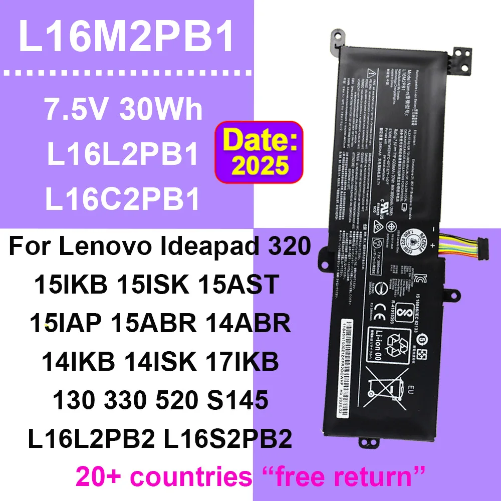 

Аккумулятор для ноутбука L16M2PB1 L16L2PB1 30 Втч для Lenovo IdeaPad 130 320 330 520 S145 V145 15IKB 15AST 15ABR 15IKBR 14IKB L16S2PB2
