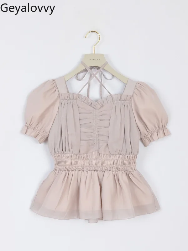 

Новая летняя милая и милая шифоновая рубашка на бретельках для девочек, топы с короткими рукавами и большими рюшами для женщин, японский стиль