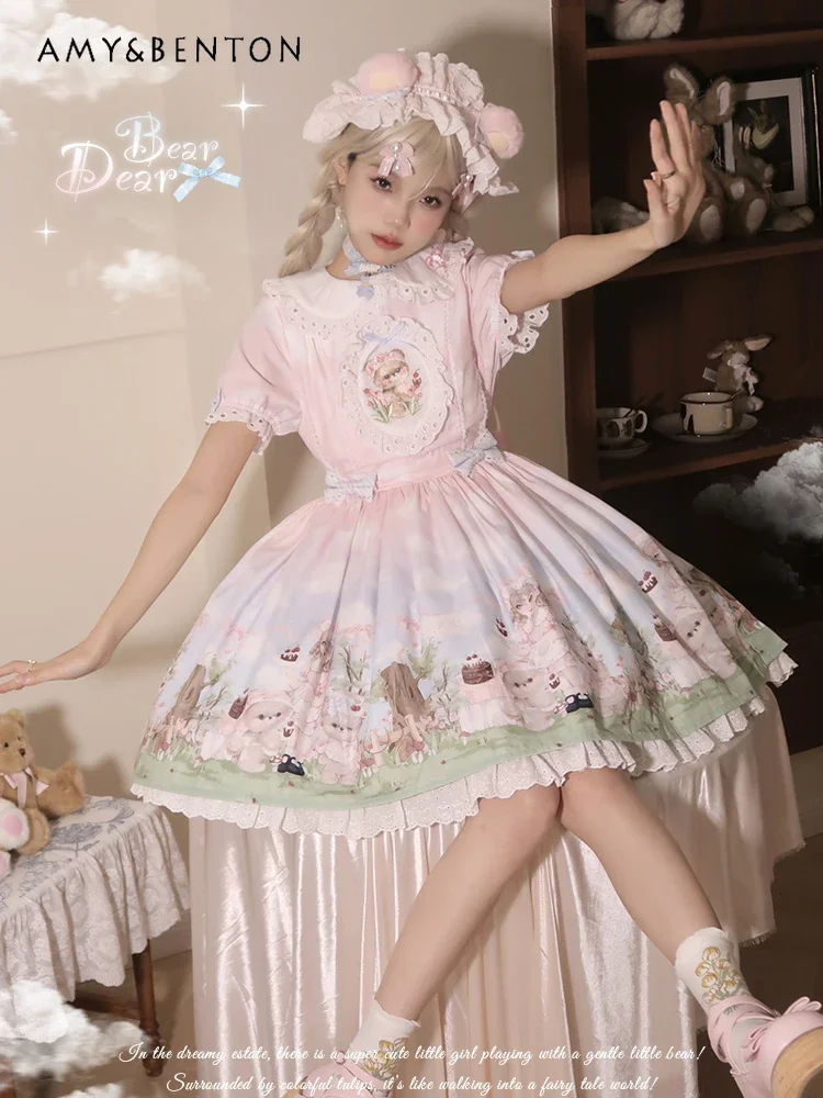 Kawaii Cartoon Print Princess Lolita Dresses Summer New Sweet Cute Doll Collar Bow Short Sleeve Lace Up Slim Ball Gown Dress