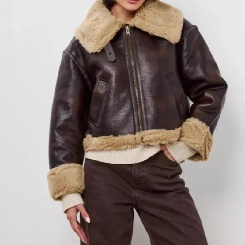 2026 Streetwear Fur Collar PU Leather Jackets Women Casual Slim Short Coats French Autumn Winter Fashion Vintage Streetwear Y2k