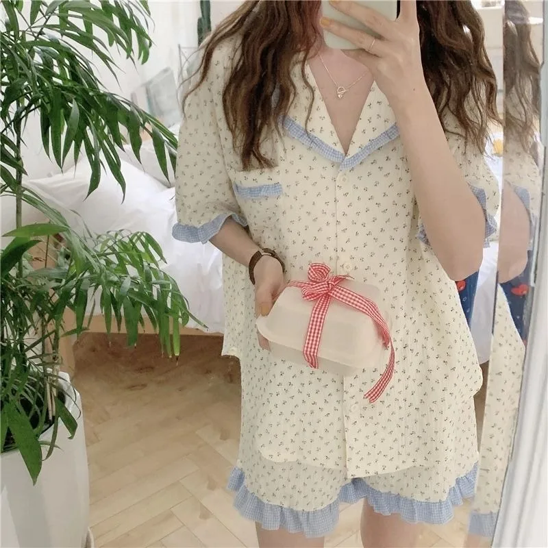 Floral Sleepwear Women Pajama Sets Summer Piiama Korean Pocket Short Sleeve Home Suit 2 Pieces Ruffle Night Wears Pyjamas New