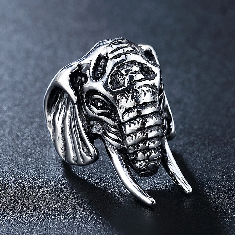 Unique Vintage Stainless Steel Elephant Ring Mens Punk Motorcycle Biker Rings African Tribe Animal Elephants Head Jewelry Gifts