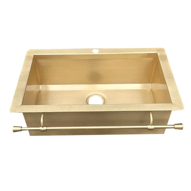 33x22x9 Inch Classic Design Rectangular Metal Brass Golden Apron Single Kitchen Sinks with Towel Bar