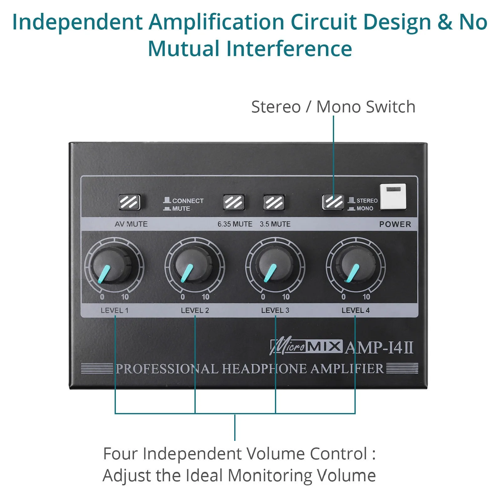 I4II Professional Stereo 4 Channel Headphone Amplifier With Independent Volume Control Power Switch for Karaoke Recording Studio