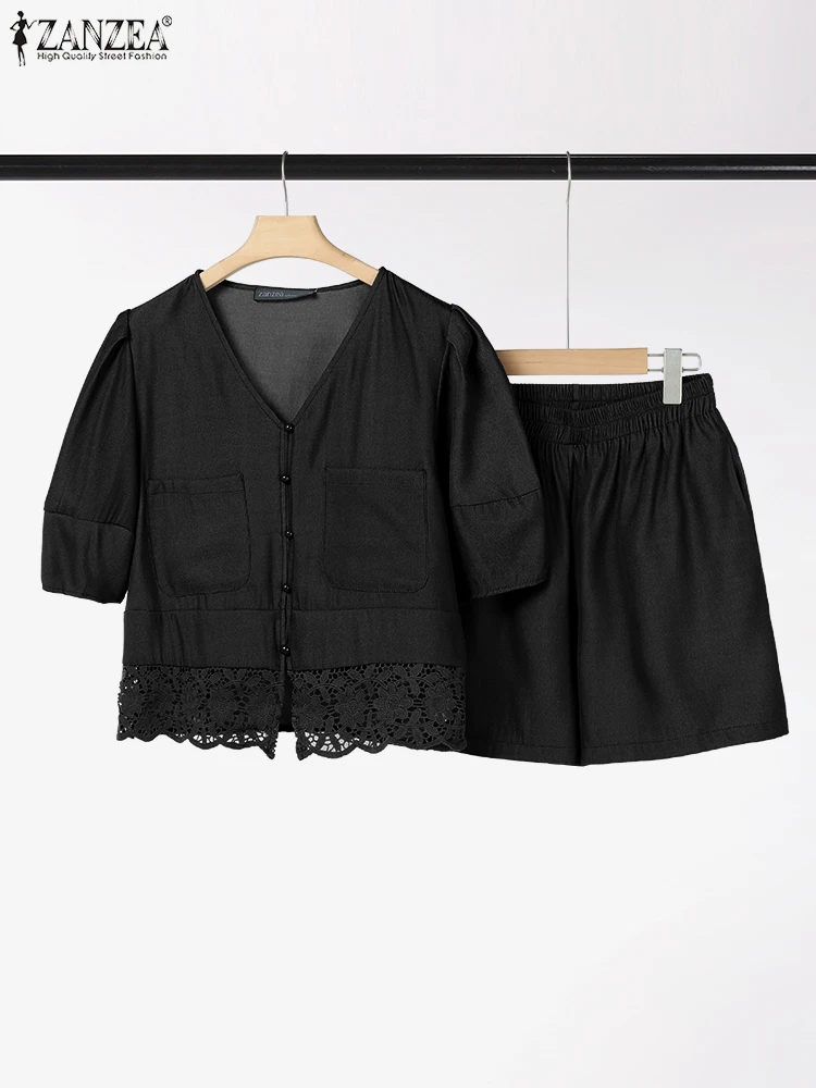 

ZANZEA Short Sets Retro Women Puff Short Sleeve Tops Shorts Outfits Elegant Office lady Denim Suits 2025 Casual Matching Sets