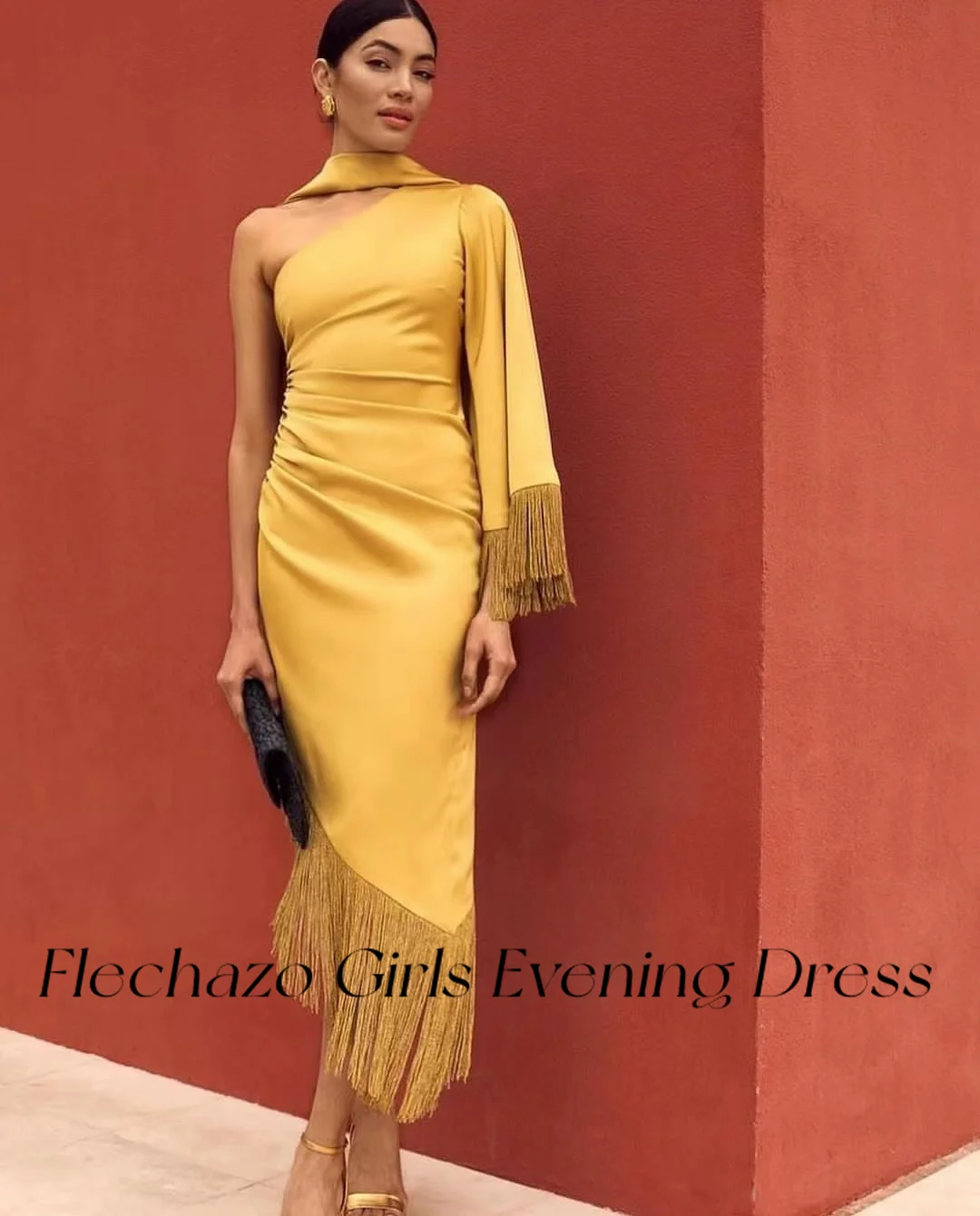 Flechazo Golden Evening Dresses One Shoulder Tea-Length Tassel Formal Party Dress For Women 2024 Saudi Arabia فساتين السهرة