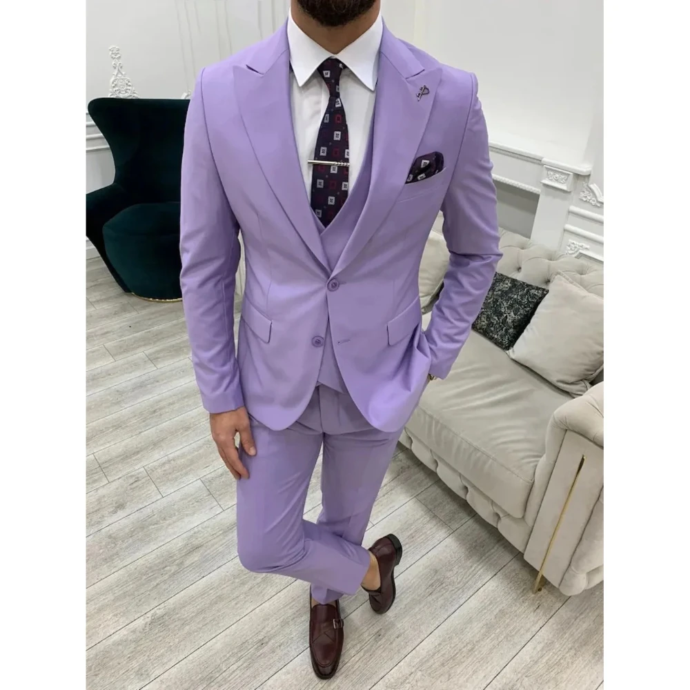 

Luxury Elegent Light Purple Men's Suits Full Set Single Breasted Peaked Lapel Formal Clothing 3 Piece（Jacket+Pants+Vest) Costume