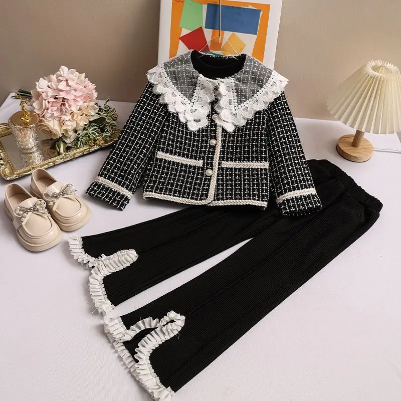 Children Girls Clothing Sets Autumn Kids Girl Black Plaid Coat and Flared Pants 2pcs Clothes Suit Teen Girls Vintage Outfits