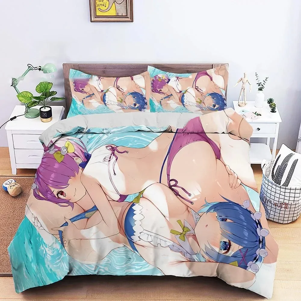 3D Printed Anime Re Zero Rem Ram Bedding Set Boys Girls Twin Queen Size Duvet Cover Pillowcase Bed Kids Adult Home Textileextile